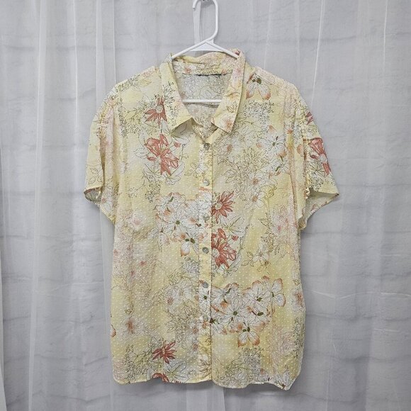 Yellow Salmon Floral Blouse Swiss Dot Boho Cottagecore 1X+ - Picture 7 of 9